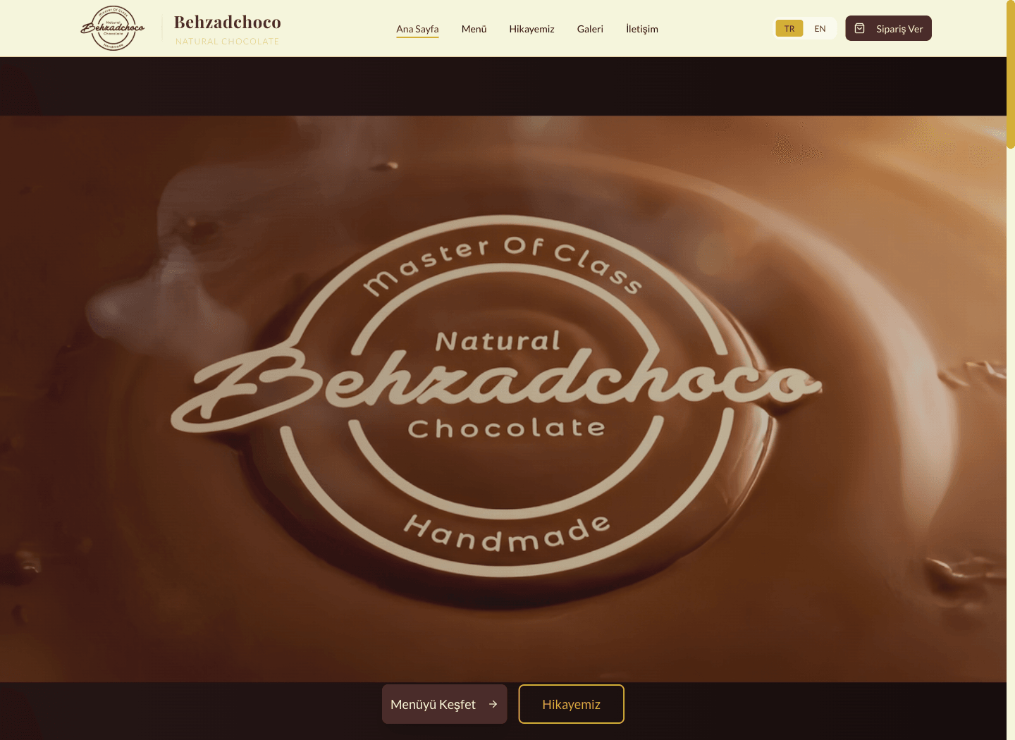Behzadchoco homepage opening scene featuring its chocolate texture and brand mark.