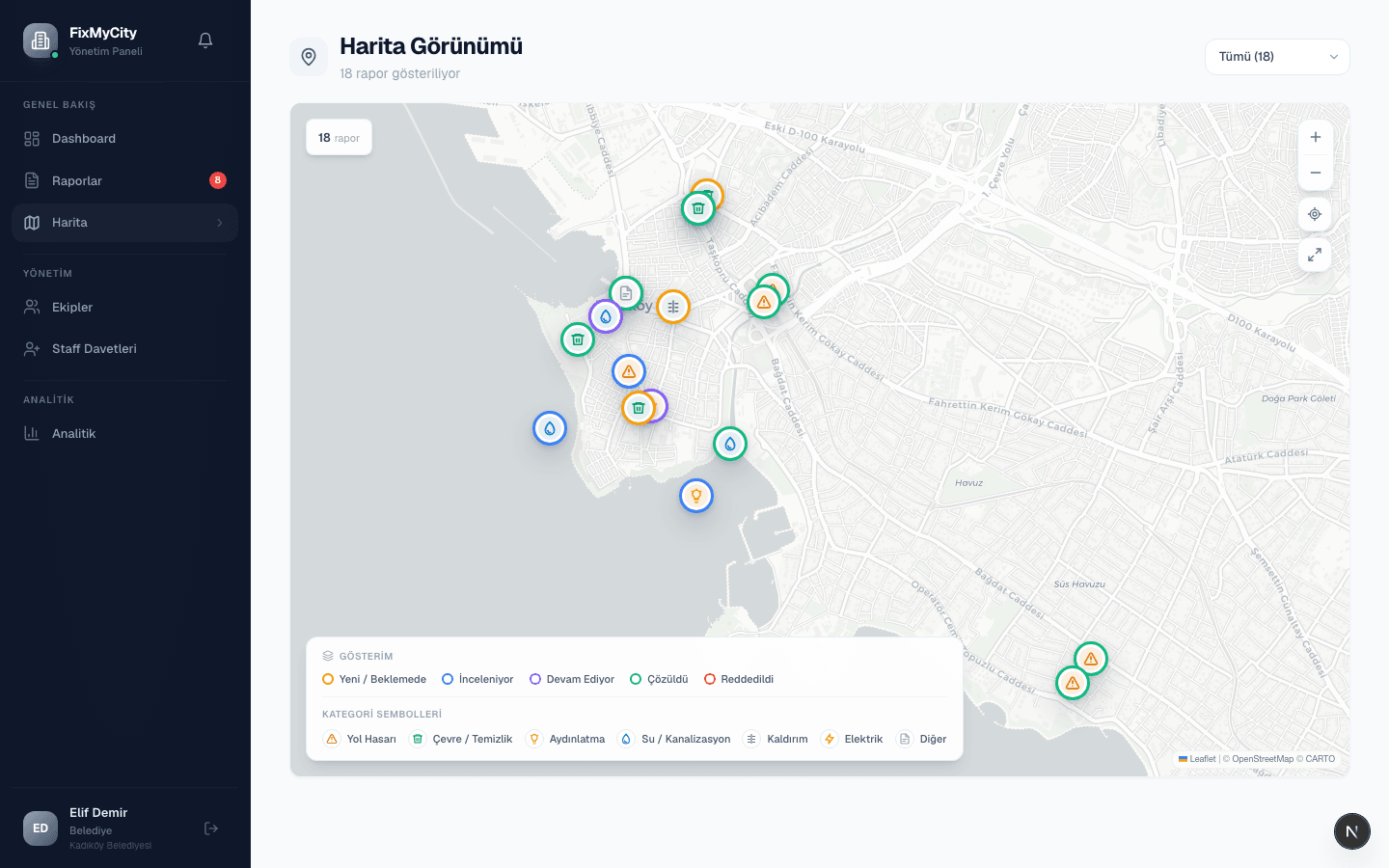 FixMyCity yönetim panelinde konumlandırılmış kent bildirimlerini gösteren canlı harita görünümü.