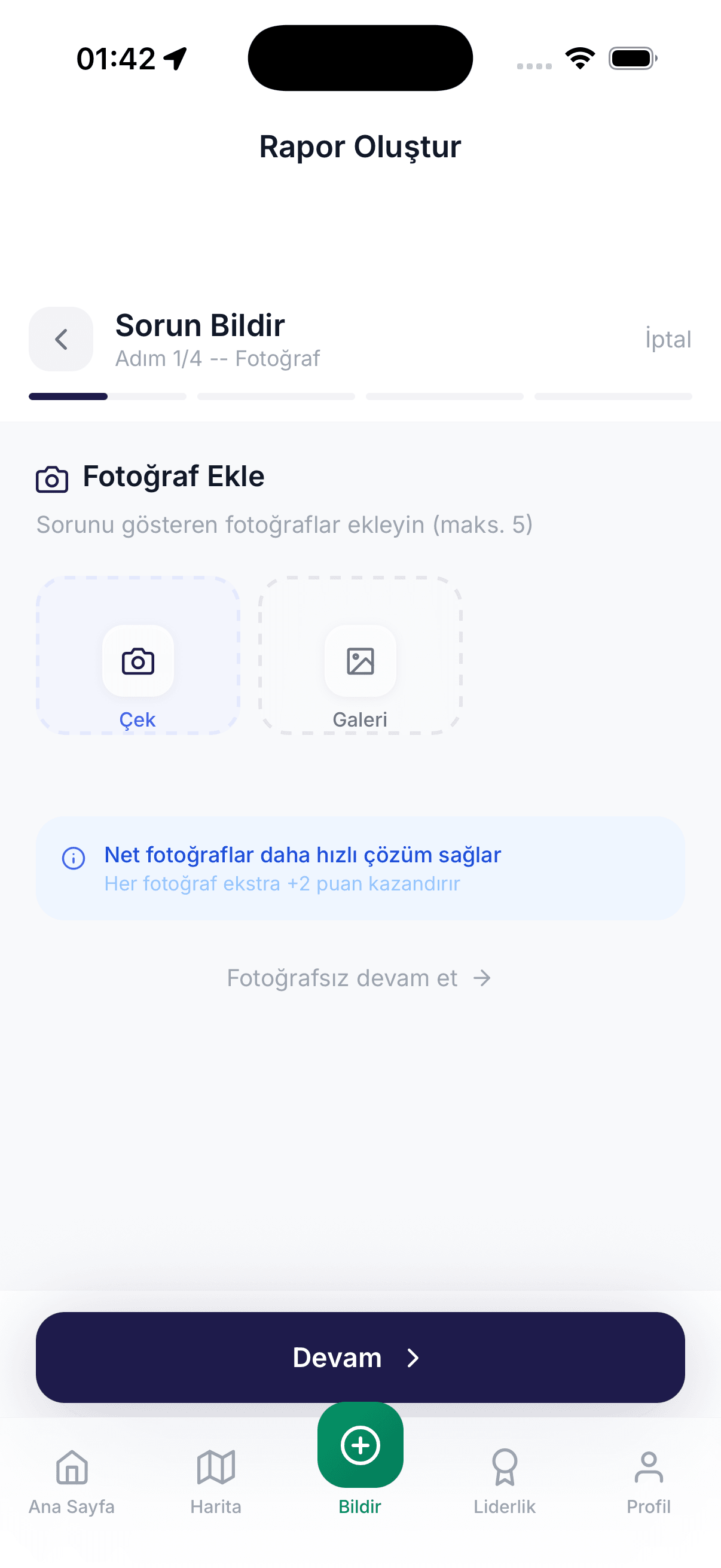 FixMyCity Expo mobil uygulamasında yeni sorun bildirimi oluşturma ekranı.